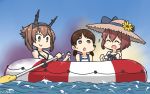  3girls bikini blue_sky blue_swimsuit breasts brown_hair closed_eyes cloud commentary_request dated day dress green_eyes hairband hamu_koutarou hat headgear highres inflatable_raft kantai_collection large_breasts low_twintails multiple_girls mutsu_(kantai_collection) name_tag oar open_mouth outdoors radio_antenna round_teeth school_swimsuit shirayuki_(kantai_collection) short_hair short_twintails sky straw_hat sun_hat sundress swimsuit teeth twintails upper_teeth water white_bikini white_dress yukikaze_(kantai_collection) 