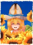  1girl :d ^_^ absurdres animal_ear_fluff animal_ears bangs blonde_hair blue_sky closed_eyes commentary ears_through_headwear extra_ears eyebrows_visible_through_hair facing_viewer flower hair_between_eyes hat highres kemono_friends long_hair open_mouth round_teeth serval_(kemono_friends) serval_ears shirokaba114 sky smile solo sun_hat sunflower teeth white_headwear 