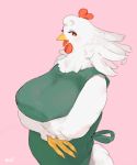  anthro avian beak bebebebebe big_breasts bird breasts chicken clothed clothing female galliform gallus_(genus) huge_breasts open_mouth open_smile phasianid simple_background smile solo 