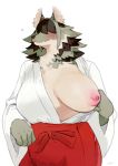  anthro bebebebebe big_breasts blush breasts canid canine clothed clothing female flashing huge_breasts inazuma_(toto) mammal simple_background smile solo 