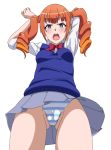  1girl angry blue_eyes blue_sweater breasts college_shirt jacket long_hair looking_at_viewer neckwear open_mouth orange_hair panties pantyshot red_neckwear ribonzu school_uniform shirt skirt small_breasts solo striped striped_panties sweater tsuujou_kougeki_ga_zentai_kougeki_de_ni-kai_kougeki_no_okaasan_wa_suki_desu_ka? underwear white_shirt wise_(okasuki) 