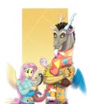  accessory anthro anthrofied blue_eyes clothing crossed_arms discord_(mlp) draconequus duo equid equine female fluttershy_(mlp) friendship_is_magic hair hair_accessory hairclip hawaiian_shirt hi_res holding_object ladychimaera ladychimaerad long_hair mammal mirror my_little_pony open_mouth open_smile pink_hair plushie pterippus red_eyes scarf shirt simple_background size_difference smile topwear wings yellow_sclera 
