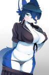  2019 absurd_res anthro black_hair black_nose blue_eyes blue_fur blush bottomwear breasts canid canine canis clothing faeki female fur hair hi_res mammal navel nipples panties portrait saki_(garasaki) shirt short_hair simple_background skirt skirt_down smile solo tied_shirt topwear underwear undressing voluptuous white_background white_fur wolf 