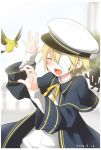  1boy 2016 2others bandage_over_one_eye bandages bird blonde_hair blue_coat blurry blurry_background blush closed_eyes coat cubi_(vocaloid) dated depth_of_field flying hat james_(vocaloid) laughing mizuhoshi_taichi multiple_others oliver_(vocaloid) open_mouth pale_skin robot sailor_collar sailor_hat smile vocaloid |_| 