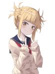  1girl bangs blonde_hair blue_sailor_collar blunt_bangs boku_no_hero_academia cardigan double_middle_finger eyebrows_visible_through_hair fang fang_out hair_bun highres long_sleeves looking_at_viewer middle_finger nam neckerchief red_neckwear sailor_collar school_uniform short_hair simple_background skin_fang sleeves_past_wrists smile solo toga_himiko upper_body white_background yellow_eyes 