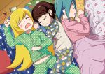  alternate_costume bed blush_stickers cellphone cuddling futon hachikuji_mayoi monogatari_(series) ononoki_yotsugi open_mouth oshino_shinobu pajamas phone polka_dot print_shirt sheep_print shirt sleeping sleeping_on_person snoring 