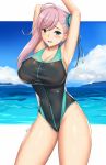  1girl arciealbano armpits arms_behind_head arms_up bangs beach black_swimsuit blue_eyes blue_sky blue_swimsuit blush breasts bun_cover cleavage collarbone covered_navel fate/grand_order fate_(series) hair_bun hair_ribbon highleg highleg_swimsuit highres large_breasts long_hair looking_at_viewer miyamoto_musashi_(fate/grand_order) miyamoto_musashi_(swimsuit_berserker)_(fate) ocean one-piece_swimsuit open_mouth pink_hair ribbon sky smile solo swept_bangs swimsuit thighs two-tone_swimsuit 