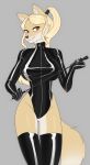  absurd_res anthro big_breasts blonde_hair breasts brown_eyes canid canine canis clothing domestic_dog female fur hair hi_res legwear look_at_viewer mammal pewas ponytail rubber smile solo stockings whip zipper 