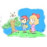  1boy 1girl backpack bag black_eyes black_hair blonde_hair blue_eyes blue_sky bow bug butterfly dress flower grass insect mother_(game) mother_2 ness paula_(mother_2) pink_dress red_bow red_footwear red_headwear shirt shorts sky striped striped_shirt takeuchi_kou tree 