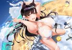  animal animal_ears atago_(azur_lane) azur_lane beach bikini black_hair blush clouds dog kagiyama_(gen&#039;ei_no_hasha) sky swimsuit water yellow_eyes 