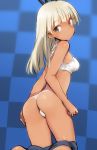  1girl alice_gear_aegis araime_yasuri ass bangs bikini blonde_hair blunt_bangs brown_eyes checkered checkered_background commentary_request dark_skin eyebrows_visible_through_hair hair_ribbon looking_back pants_down ribbon shimada_fumikane shorts solo swimsuit white_bikini 