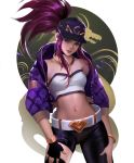  1girl absurdres akali bare_shoulders baseball_cap belt blue_eyes bracelet breasts choker fingerless_gloves gloves hand_on_thighs hat high_ponytail highres idol jacket jewelry jyundee k/da_(league_of_legends) k/da_akali league_of_legends long_hair looking_at_viewer midriff navel necklace open_clothes open_jacket parted_lips ponytail portrait purple_hair sidelocks solo strapless thighs tubetop 