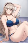  1girl arm_behind_head arm_support aslindsamure bangs bare_shoulders blue_bra blue_panties blush bra breasts cleavage closed_mouth collarbone corrin_(fire_emblem) corrin_(fire_emblem)_(female) fire_emblem fire_emblem_fates hair_between_eyes hair_ornament hairband highres large_breasts long_hair looking_at_viewer panties pointy_ears red_eyes silver_hair sitting smile solo thighs underwear 