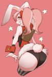  absurd_res anthro butt clothing exotic_pupils female fur hi_res kemono lagomorph legwear leporid mammal pink_background pink_fur pink_tail rabbit rear_view simple_background solo ssangbong-llama thigh_highs twintails_(disambiguation) 