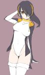  1girl :/ ass_visible_through_thighs black_hair breasts breasts_apart closed_mouth coattails covered_navel covered_nipples drawstring emperor_penguin_(kemono_friends) expressionless eyebrows_visible_through_hair eyes_visible_through_hair flat_color groin hair_over_one_eye hand_up hatching_(texture) highleg highres hood hood_down kemono_friends light_blush long_bangs long_hair long_sleeves looking_at_viewer matatabi_(2ccp) multicolored_hair single_eye sketch slit_pupils solo streaked_hair thigh_gap thighhighs turtleneck wrists_extended 