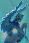  2019 angiewolf anthro blue_hair blue_theme canid canine digital_media_(artwork) feathered_wings feathers hair hybrid male mammal smile solo wings 