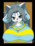  2019 anthro big_breasts black_nose breasts brown_background canid canine canis clothing domestic_dog eyelashes fangs felid feline female fur grey_hair hair hi_res huge_breasts jumparoundjumpjump looking_at_viewer mammal nipple_outline shirt simple_background smile solo striped_shirt tem temmie_(undertale) tongue tongue_out topwear undertale video_games white_eyes white_fur 