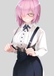  1girl absurdres blush breasts closed_eyes commentary_request eyebrows_visible_through_hair fate/grand_order fate_(series) fk glasses grin hair_over_one_eye highres large_breasts lavender_hair long_sleeves looking_at_viewer mash_kyrielight purple_hair shirt short_hair skirt smile solo suspenders white_shirt 