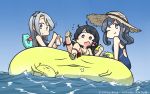  3girls 4others ahoge asymmetrical_bangs bangs beige_bikini black_hair blue_bow blue_eyes blue_hair blue_hairband blue_sky blue_swimsuit bow commentary_request competition_swimsuit dated drink enemy_lifebuoy_(kantai_collection) food fruit gotland_(kantai_collection) gradient_sky green_eyes hair_bun hairband hamu_koutarou hat highres inflatable_raft kantai_collection long_hair low-tied_long_hair mizuho_(kantai_collection) mole mole_under_eye multiple_girls multiple_others one-piece_swimsuit one_eye_closed purple_eyes sagiri_(kantai_collection) school_swimsuit sidelocks silver_hair sky straw_hat sun_hat swept_bangs swimsuit very_long_hair watermelon 