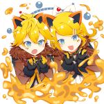  1boy 1girl animal_ears bangs black_gloves blonde_hair blue_eyes blush bow claw_pose collar commentary diamond_(shape) facial_tattoo fang fur-trimmed_jacket fur_trim gloves hair_bow hair_ornament hairclip jacket kagamine_len kagamine_rin lion_ears magical_mirai_(vocaloid) neckerchief open_mouth short_hair siblings skin_fang sparkling_eyes spiked_hair star swept_bangs tattoo twins upper_body v-shaped_eyebrows vocaloid white_bow zimoow 