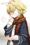  1boy bandage_over_one_eye bandages blonde_hair blush breath coat cold half-closed_eyes hand_on_own_chin mizuhoshi_taichi oliver_(vocaloid) outstretched_hand parted_lips plaid plaid_scarf reaching sailor_collar scarf scarf_grab solo vocaloid yellow_eyes 