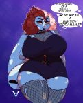  2019 amber_eyes anthro big_breasts breasts clothed clothing dialogue digital_media_(artwork) english_text female fishnet fishnet_legwear geeflakes geeflakes_(character) hair hi_res huge_breasts lagomorph legwear leporid mammal monster multicolored_hair pink_nose rabbit solo speech_bubble text thick_thighs two_tone_hair voluptuous 