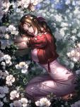  1girl absurdres aerith_gainsborough blurry blurry_background bow bracelet breasts brown_hair cropped_jacket dress final_fantasy final_fantasy_vii final_fantasy_vii_remake flower green_eyes hair_bow head_rest highres jacket jewelry large_breasts liang_xing looking_at_viewer parted_lips petals pink_dress red_jacket seiza shade sitting solo 