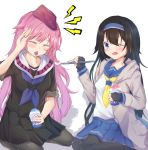  2girls artist_request black_hair blue_eyes brain_freeze closed_eyes commentary_request cup disposable_cup feeding fingerless_gloves girls_frontline gloves hat highres multiple_girls ntw-20_(girls_frontline) one_eye_closed pantyhose pink_hair school_uniform serafuku shaved_ice spoon super_sass_(girls_frontline) syrup 