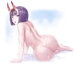  1girl alternate_breast_size ass bangs barefoot blush bob_cut breasts bukkake cum fangs fantia_reward fate/grand_order fate_(series) from_behind highres horns huge_ass large_breasts looking_at_viewer looking_back mogudan nude oni oni_horns open_mouth paid_reward purple_eyes purple_hair shiny shiny_hair shiny_skin shoes short_hair shuten_douji_(fate/grand_order) simple_background sitting solo sweat thick_eyebrows uwabaki white_background wide_hips 