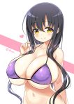  1girl arm_up black_hair blush breasts cleavage collarbone commentary_request eyebrows_visible_through_hair groin hair_between_eyes heart highres huge_breasts iwato_kasumi long_hair looking_at_viewer navel purple_bikini_top saki shuz_(dodidu) simple_background skindentation smile solo swimsuit tareme twitter_username upper_body very_long_hair white_background yellow_eyes 