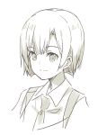  1girl bangs closed_mouth collared_shirt copyright_request cropped_torso eyebrows_visible_through_hair greyscale hair_between_eyes looking_away meito_(maze) monochrome necktie shirt short_hair simple_background smile solo suspenders upper_body white_background 