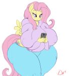  anthro big_breasts breasts cellphone equid equine female fluttershy_(mlp) friendship_is_magic hi_res huge_breasts mammal my_little_pony nipple_outline obese overweight phone pterippus thelunarmoon thick_thighs voluptuous wide_hips wings 