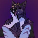  1:1 2019 4_toes 5_fingers angiewolf anthro black_nose canid canine digital_media_(artwork) digitigrade duo fingers fur mammal pawpads purple_background purple_fur purple_pawpads simple_background toes tongue 