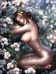  1girl absurdres aerith_gainsborough areolae artist_name ass blurry blurry_background bow bracelet breasts brown_hair final_fantasy final_fantasy_vii final_fantasy_vii_remake flower green_eyes hair_bow head_rest highres jewelry large_breasts liang_xing looking_at_viewer nipples nude parted_lips petals seiza shade sitting solo 