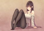  black_hair black_legwear breasts crotch_seam eyebrows_visible_through_hair feet halterneck large_breasts legs long_hair original panties panties_under_pantyhose pantyhose red_eyes shoulder_blades sitting smile sweater underwear white_panties yumemi_(kiowa) 