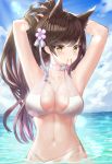  1girl absurdres animal_ears armpits arms_behind_head arms_up atago_(azur_lane) atago_(midsummer_march)_(azur_lane) azur_lane bare_arms bare_shoulders bikini blue_sky breasts brown_eyes brown_hair choker cleavage cloud cloudy_sky collarbone day flower fox_ears hair_flower hair_ornament hair_ribbon hair_tie_in_mouth highleg highleg_bikini highres large_breasts long_hair looking_at_viewer mouth_hold navel ocean partially_submerged ribbon sarong sky solo sparkle swimsuit tying_hair wakum water wet white_bikini 