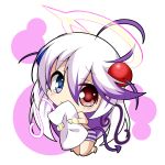  1girl bangs blue_eyes blush bombergirl chibi commentary_request demon_tail eyebrows_visible_through_hair hair_between_eyes hair_ornament halo heterochromia holding holding_pillow long_hair looking_at_viewer papuru_(bombergirl) peta_(taleslove596) pillow purple_hair red_eyes simple_background solo swept_bangs tail tearing_up very_long_hair 
