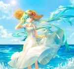  1girl aqua_eyes aqua_hair blue_sky candy1521 cloud cloudy_sky commentary day dress flower frilled_dress frills hand_in_hair hand_up hat hat_flower hatsune_miku holding_dress large_hat long_hair looking_to_the_side neck_ribbon ocean outdoors ribbon sky solo straw_hat sun sun_hat sunflower twintails very_long_hair vocaloid waves white_dress wind 