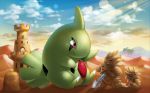  gen_2_pokemon green_skin larvitar no_humans official_art pokemon pokemon_trading_card_game pupitar red_eyes tyranitar 