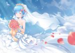  1girl bare_arms bare_shoulders blue_hair bridal_veil bride closed_eyes cloud collarbone commentary_request day dress flower frills hair_flower hair_ornament highres leaf long_dress outdoors pink_flower pink_rose re:zero_kara_hajimeru_isekai_seikatsu rem_(re:zero) rose short_hair sleeveless sleeveless_dress strapless strapless_dress veil wedding_dress zoneky 