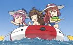  3girls ahoge blue_swimsuit braid brown_hair bunny_hair_ornament closed_eyes commentary_request crescent crescent_hair_ornament dated double_bun eyebrows_visible_through_hair hair_ornament hairband hamu_koutarou hat headgear highres inflatable_raft kantai_collection kongou_(kantai_collection) lifebuoy long_hair low-tied_long_hair multiple_girls name_tag nenohi_(kantai_collection) oar open_mouth pink_hair red_eyes round_teeth school_swimsuit single_braid smile sun_hat swimsuit teeth upper_teeth uzuki_(kantai_collection) water_gun white_headwear 