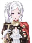  1girl blush edelgard_von_hresvelg embarrassed european_clothes fire_emblem fire_emblem:_three_houses gloves highres ponytail purple_eyes purple_hair white_background white_hair 