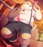  2019 absurd_res anthro blue_eyes bottomwear canid canine canis clothing cute_fangs detailed_background domestic_dog hi_res humanoid_hands male mammal necktie outside overweight overweight_male park_kr shirt shorts solo topwear 