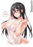  1girl alternate_costume arched_back areolae bare_arms bare_shoulders black_eyes black_hair breast_press breasts chikuma_(kantai_collection) cleavage collarbone commentary_request covered_nipples ebifurya hair_between_eyes half-closed_eyes heart highleg highleg_swimsuit highres kantai_collection large_breasts long_hair puffy_nipples see-through smile solo spoken_heart standing swimsuit twitter_username white_swimsuit 