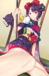  1girl blue_eyes calligraphy_brush eyebrows_visible_through_hair fate/grand_order fate_(series) flower hair_flower hair_ornament highres holding_brush japanese_clothes katsushika_hokusai_(fate/grand_order) kimono looking_at_viewer octopus paintbrush pallad purple_hair short_hair sitting smile 