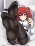  bed black_legwear crotch_seam fate/grand_order fate_(series) feet fujimaru_ritsuka_(female) legs_up lying on_back panties panties_under_pantyhose pantyhose phone red_eyes red_hair side_ponytail thighband_pantyhose towamin underwear white_panties 