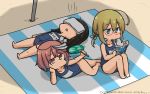  3girls ahoge bangs beach_umbrella black_hair blonde_hair blue_swimsuit blunt_bangs book commentary dated fan full_body green_eyes hair_ornament hamu_koutarou hatsuyuki_(kantai_collection) highres i-58_(kantai_collection) i-8_(kantai_collection) kantai_collection long_hair low_twintails multiple_girls name_tag pink_eyes pink_hair reading red-framed_eyewear sand school_swimsuit shade short_hair sitting swimsuit swimsuit_under_clothes towel towel_on_head translated twintails umbrella 