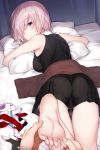  1girl 3: armpits ass bare_arms bare_shoulders barefoot black_dress blanket breasts closed_mouth commentary_request creature dress fate/grand_order fate_(series) feet foot_massage fou_(fate/grand_order) hair_over_one_eye highres katoroku large_breasts looking_at_viewer lying mash_kyrielight massage on_bed on_stomach pillow pillow_hug pink_hair pov pov_hands purple_eyes short_hair sleeping sleeveless sleeveless_dress soles sweat toes 