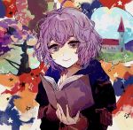  1girl bernadetta_von_varley book brown_eyes church european_clothes fire_emblem fire_emblem:_three_houses holding holding_book purple_hair reading shourou_kanna smile solo traditional_media tree watercolor_(medium) wavy_hair 