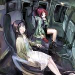  2girls 86thunder akemi_homura black_hair boots closed_eyes dress food headband interior jacket kinoko_no_yama long_hair mahou_shoujo_madoka_magica multiple_girls pocky ponytail red_eyes red_hair sakura_kyouko shorts smile train_interior white_dress 